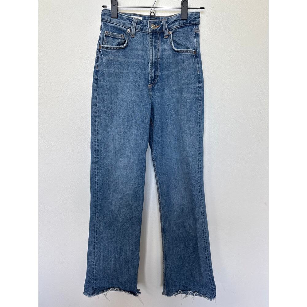 Zara High Rise Wide Leg Jeans Blue Womens 2 Raw Hem Straight Denim Streetwear